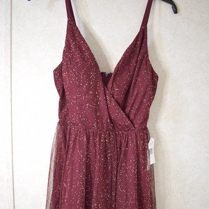 New Xtraordinary Spaghetti Strap Surplice V-Neck Glitter Red/Burgundy Mesh Dress